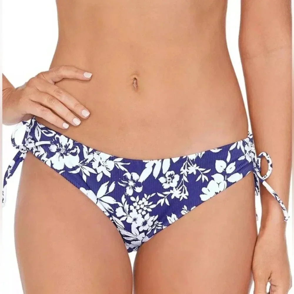 Raisins Luna Side Tie Bikini Bottoms Blue Hawaiian Floral Navy Size XL NWT